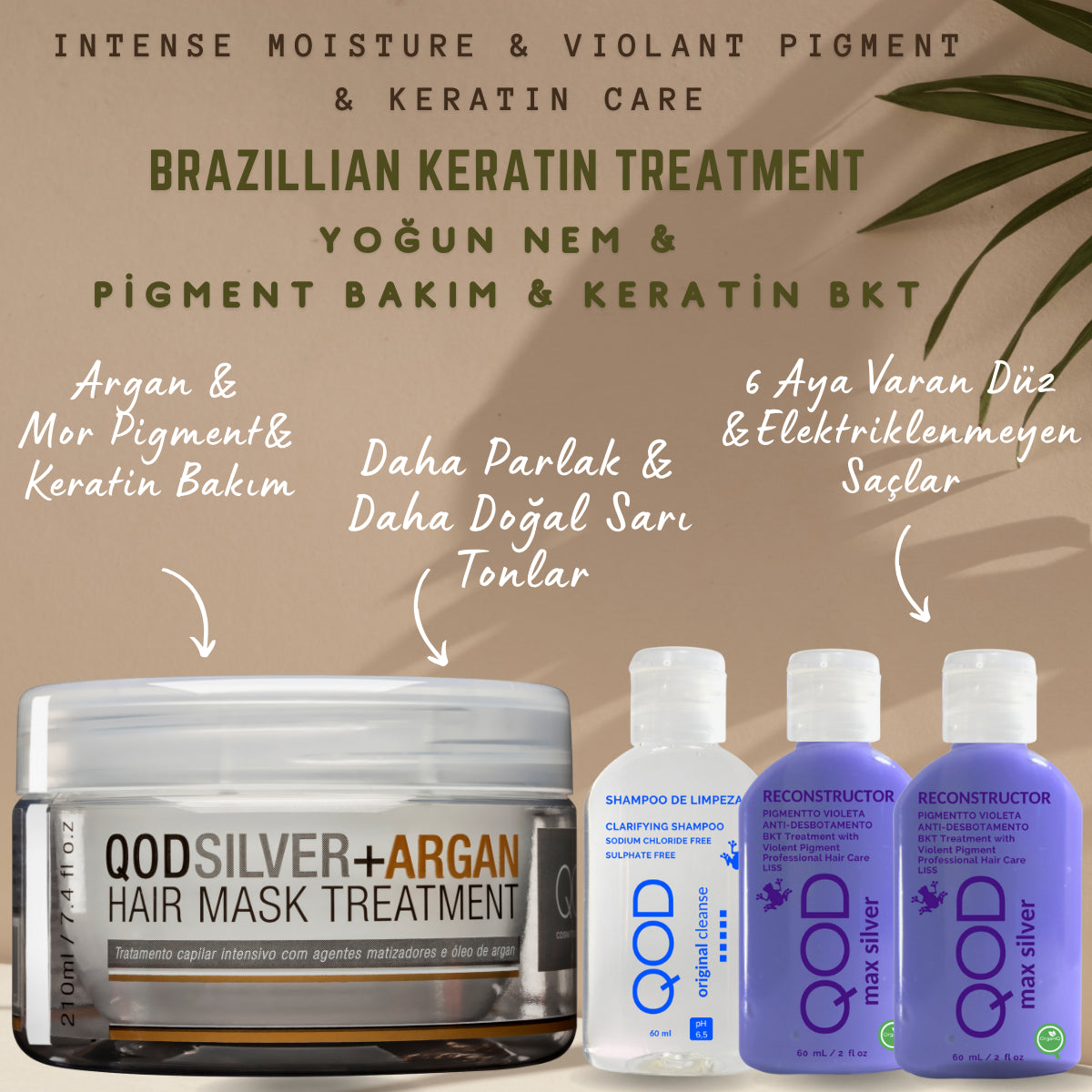 QOD Max Silver Brezilya Fönü Keratini Yoğun Bakım Kiti (Uzun Saç) + Sonrası Mor Pigment & Argan Maske (210 g)