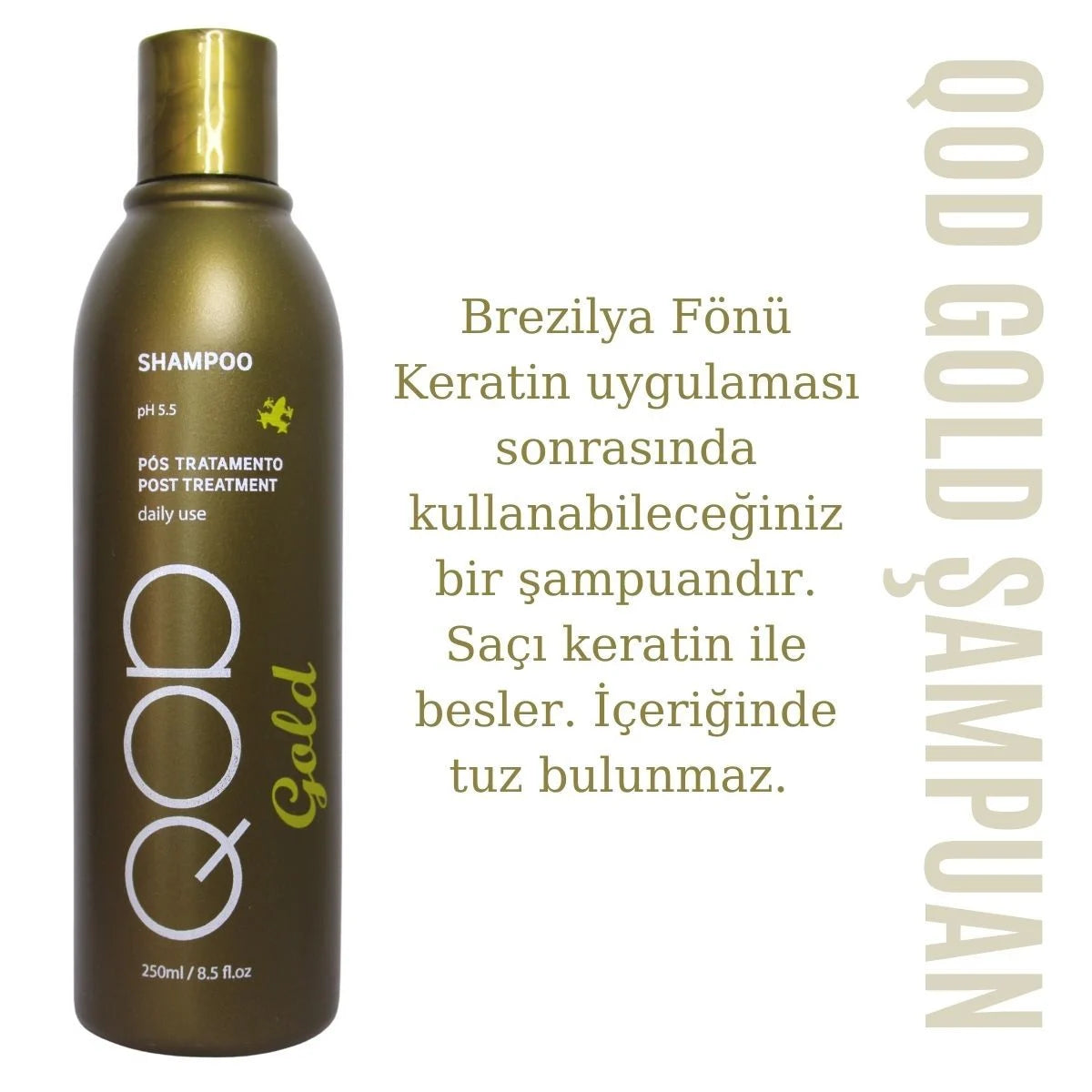 Brezilya Fönü Şampuanı QOD Profesyonel Gold | 250 mL | Altın Nano Partiküllü, Keratin Bakım Sonrası Şampuan | Sülfatsız & pH 5.5 Dengeleyici