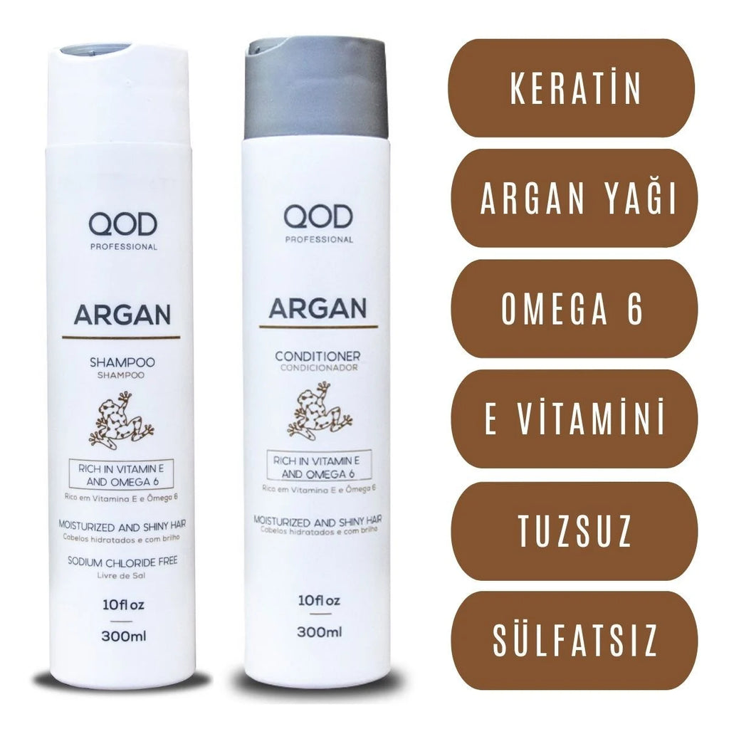 Profesyonel Argan Şampuan & Saç Kremi Seti | 300 mL | Ekstra Parlaklık & Yumuşaklık | Keratinli, E Vitaminli, Omega 6 Destekli Onarıcı Bakım