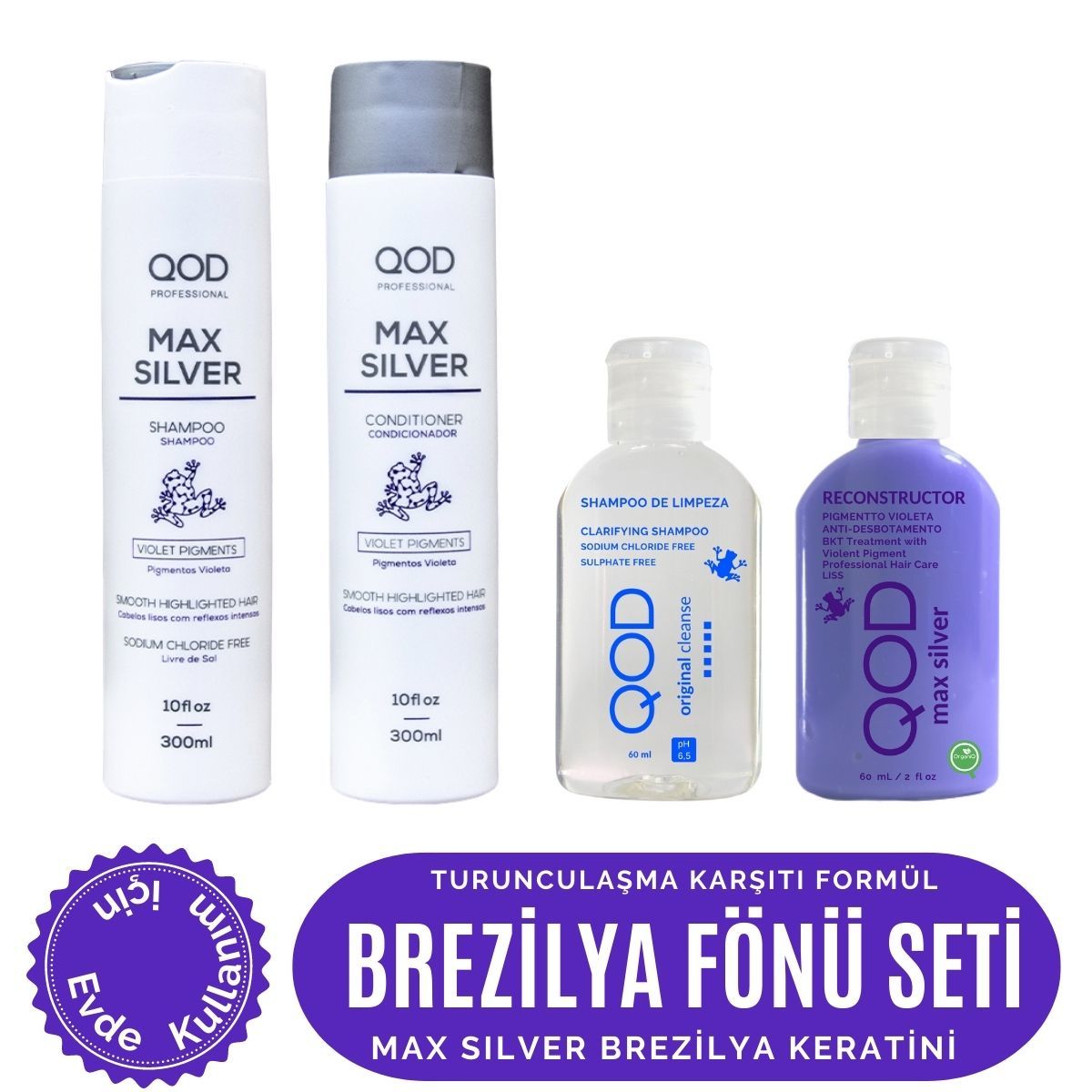 Brezilya Fönü Keratin Seti QOD Max Silver Profesyonel Brezilya Keratin Uygulama Kiti ( Kısa Saç ) + Sonrası QOD Max Silver Şampuan & Krem