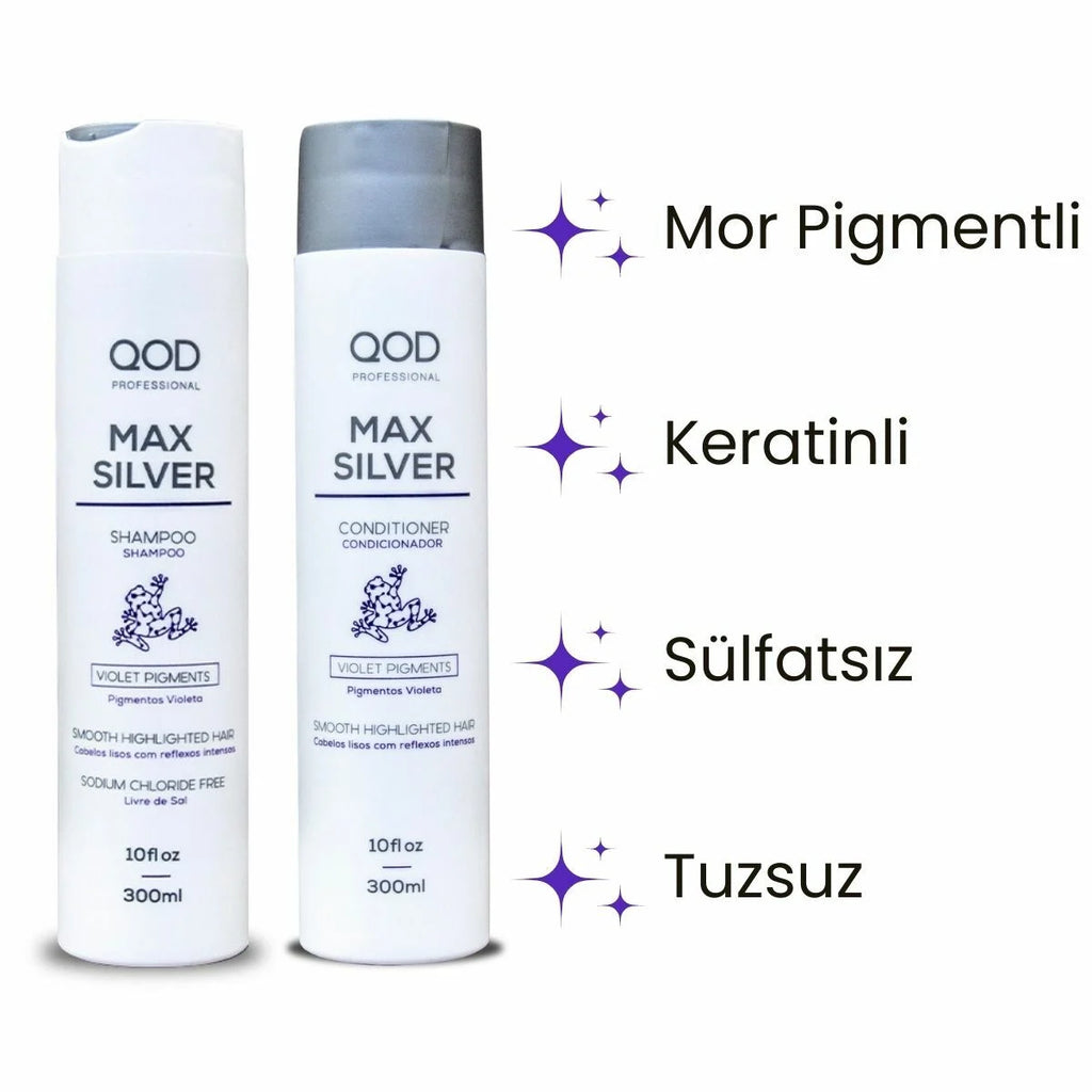 Mor Silver Şampuan & Saç Kremi Seti QOD Profesyonel Max Silver | 300 mL | Mor Pigmentli Keratinli Bakım | Turunculaşma Karşıtı & Renk Koruyucu