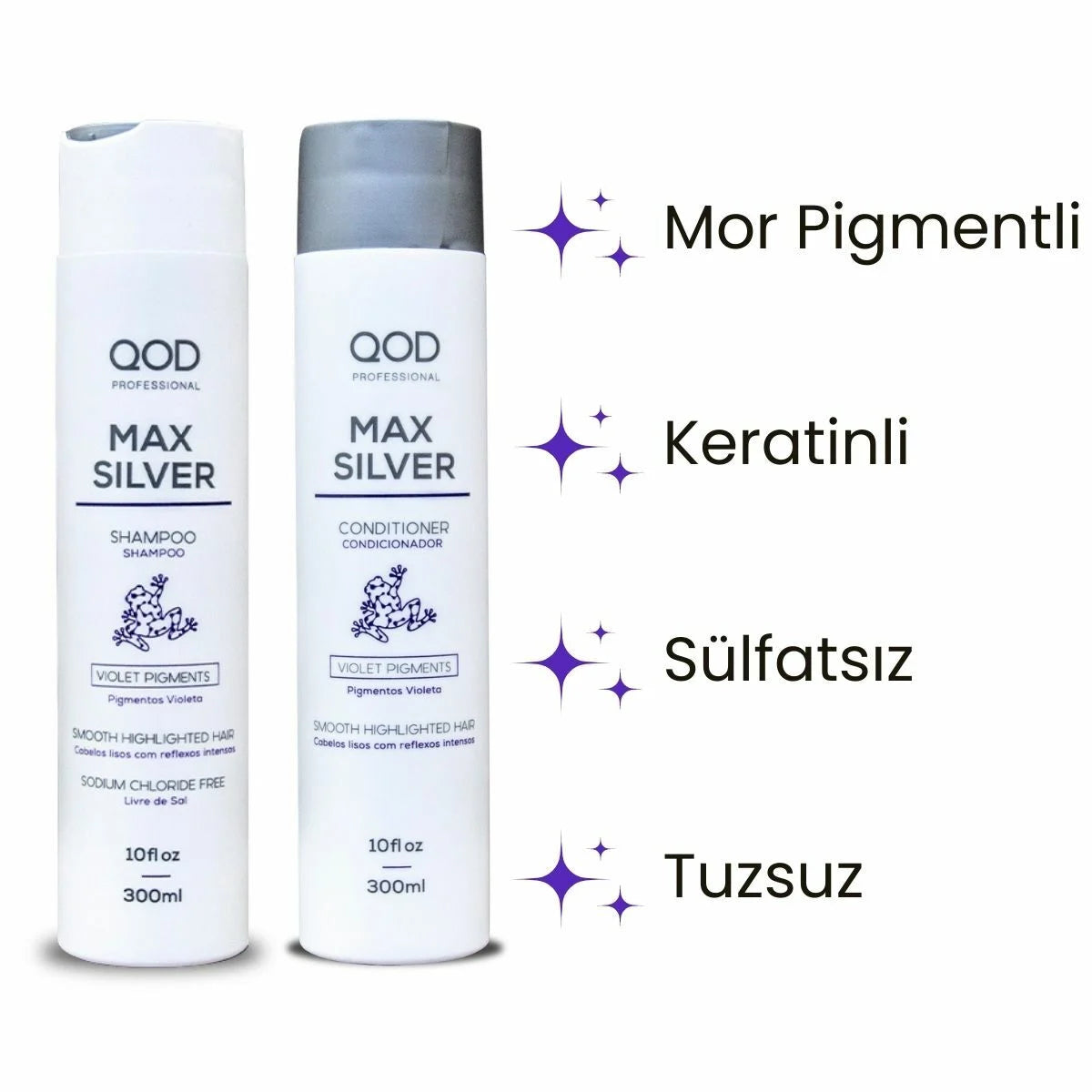 Mor Silver Şampuan & Saç Kremi Seti QOD Profesyonel Max Silver | 300 mL | Mor Pigmentli Keratinli Bakım | Turunculaşma Karşıtı & Renk Koruyucu