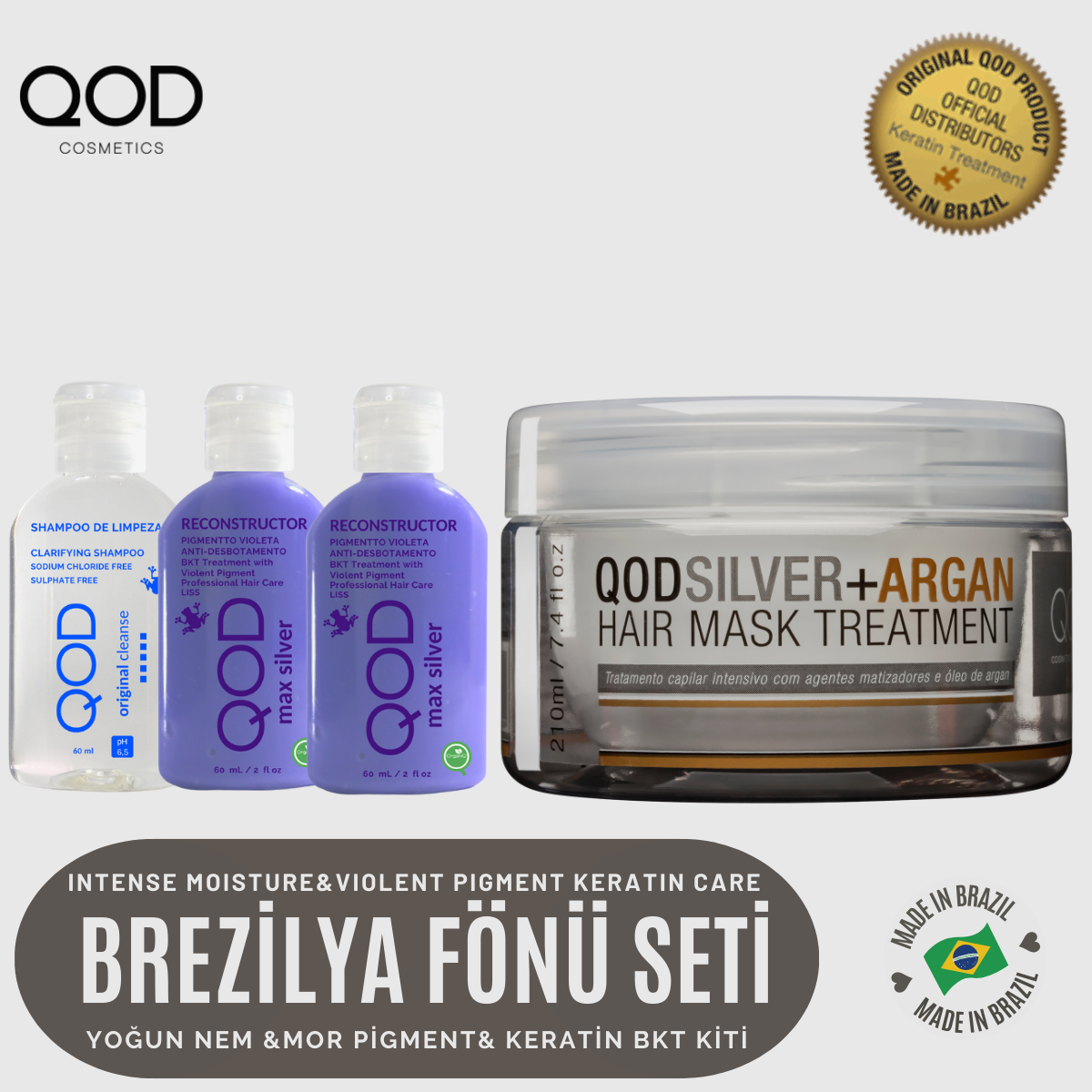 QOD Max Silver Brezilya Fönü Keratini Yoğun Bakım Kiti (Uzun Saç) + Sonrası Mor Pigment & Argan Maske (210 g)