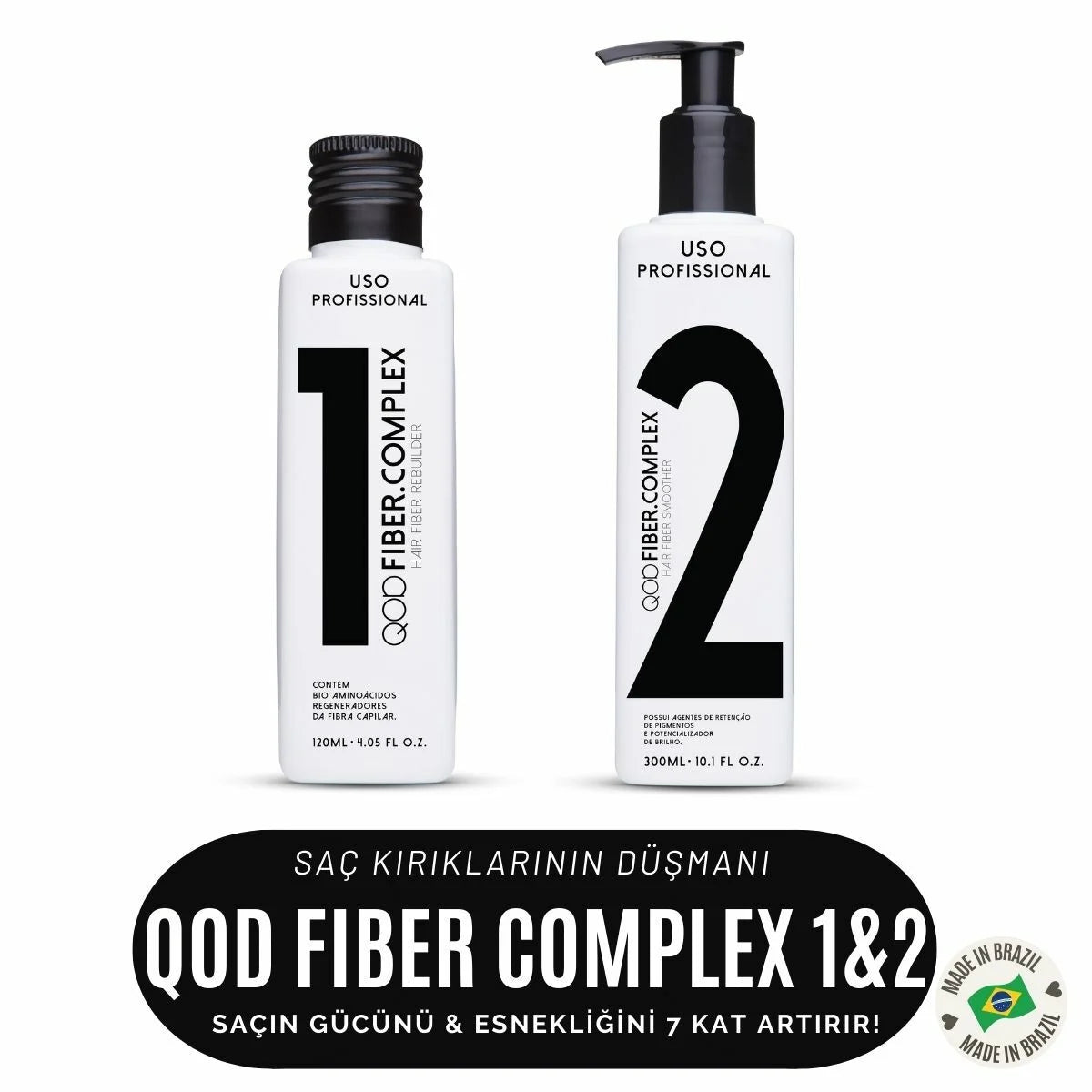 Brezilya Keratin Bakım Seti QOD Fiber Complex 1 & 2 | Profesyonel Saç Kurtarma & Onarım Kiti | Saç Kırıklarının Düşmanı | Güç ve Esneklik 7 Kat Artış