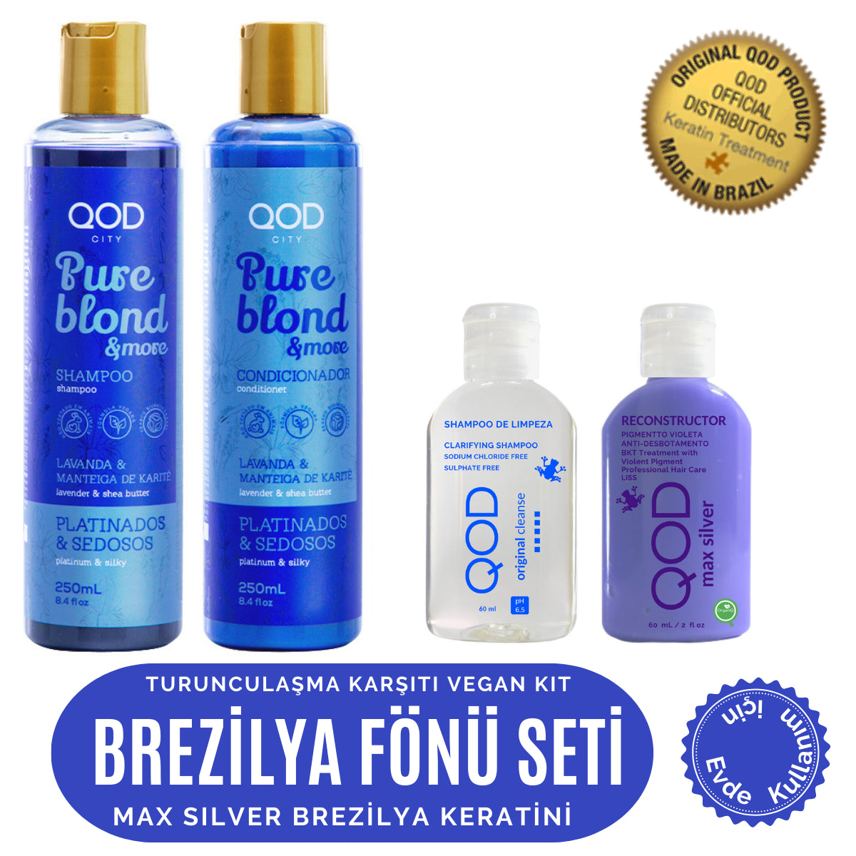 Max Silver Brezilya Keratin Kiti + QOD City Pure Blond & More Vegan Şampuan ve Saç Kremi – mor pigmentli renk koruyucu set