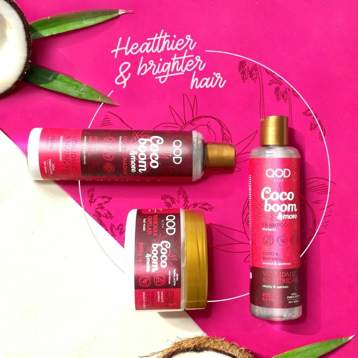 Vegan Pantenol & Hindistan Cevizi Yağlı Saç Bakım Seti QOD City Coco Boom & More | Şampuan + Saç Kremi + Saç Maskesi | Sülfatsız, Parabensiz, Onarıcı Vegan Bakım