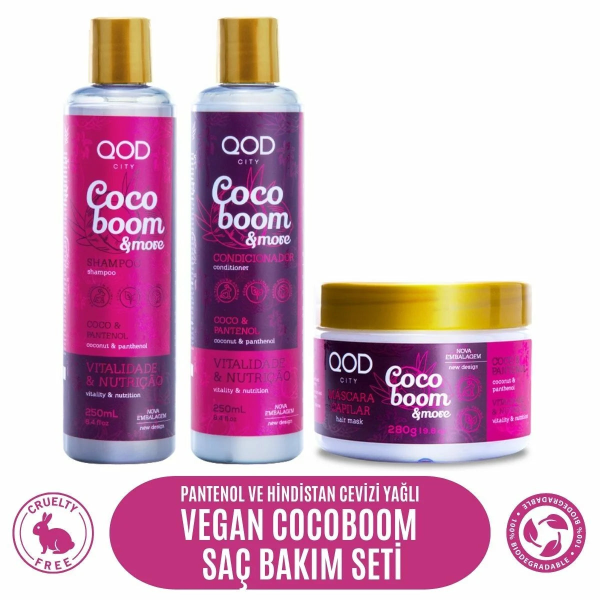 Vegan Pantenol & Hindistan Cevizi Yağlı Saç Bakım Seti QOD City Coco Boom & More | Şampuan + Saç Kremi + Saç Maskesi | Sülfatsız, Parabensiz, Onarıcı Vegan Bakım