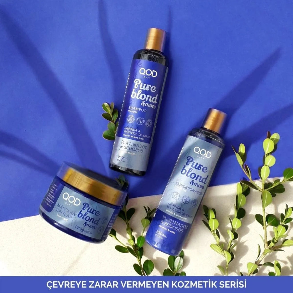 Mor Vegan Turunculaşma Karşıtı Saç Bakım Seti QOD City Pure Blond & More | Mor Pigmentli Şampuan + Saç Kremi + Maske | Sülfatsız, Parabensiz, Vegan Bakım