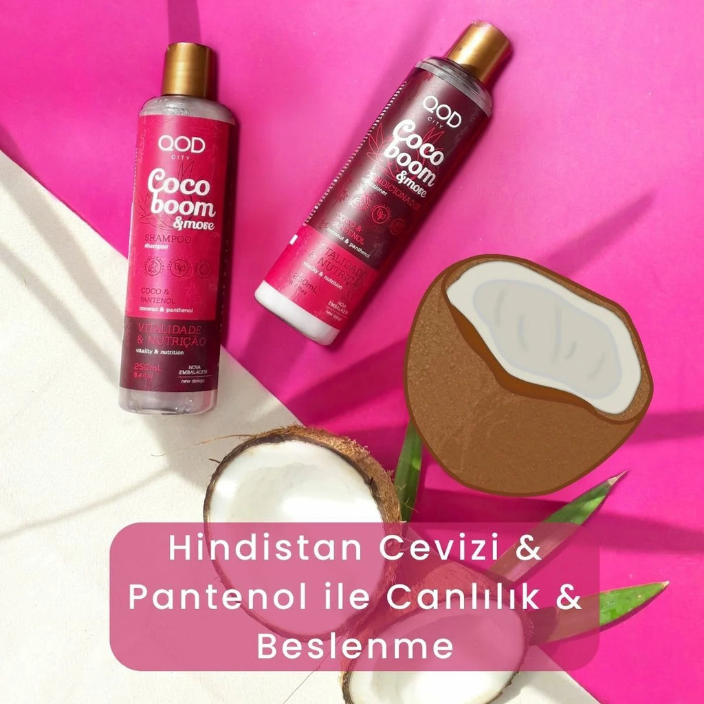 Vegan Pantenol & Hindistan Cevizi Yağlı Saç Bakım Seti QOD City Coco Boom & More | Şampuan + Saç Kremi | Sülfatsız, Parabensiz, Nemlendirici Bakım