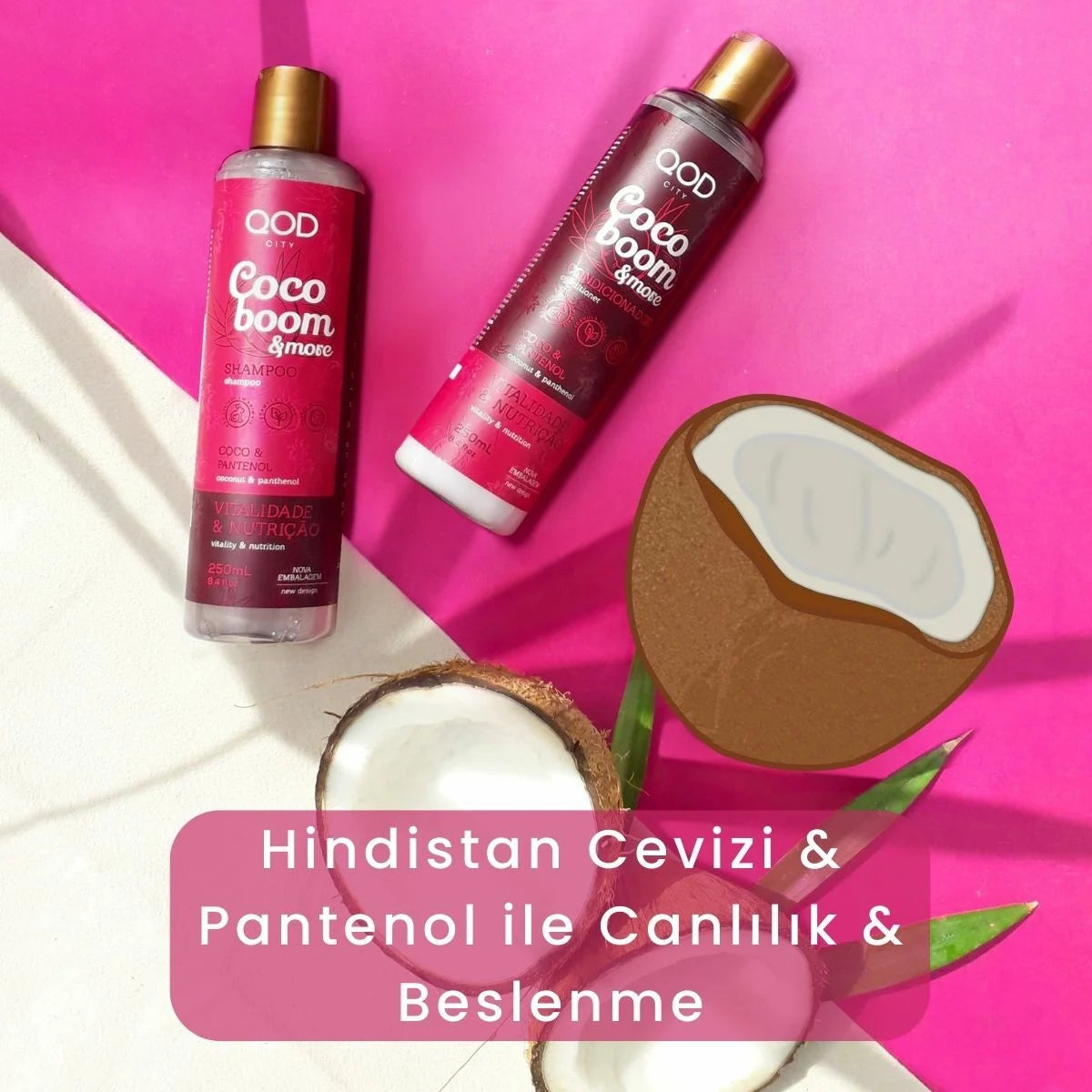 Vegan Pantenol & Hindistan Cevizi Yağlı Saç Bakım Seti QOD City Coco Boom & More | Şampuan + Saç Kremi | Sülfatsız, Parabensiz, Nemlendirici Bakım