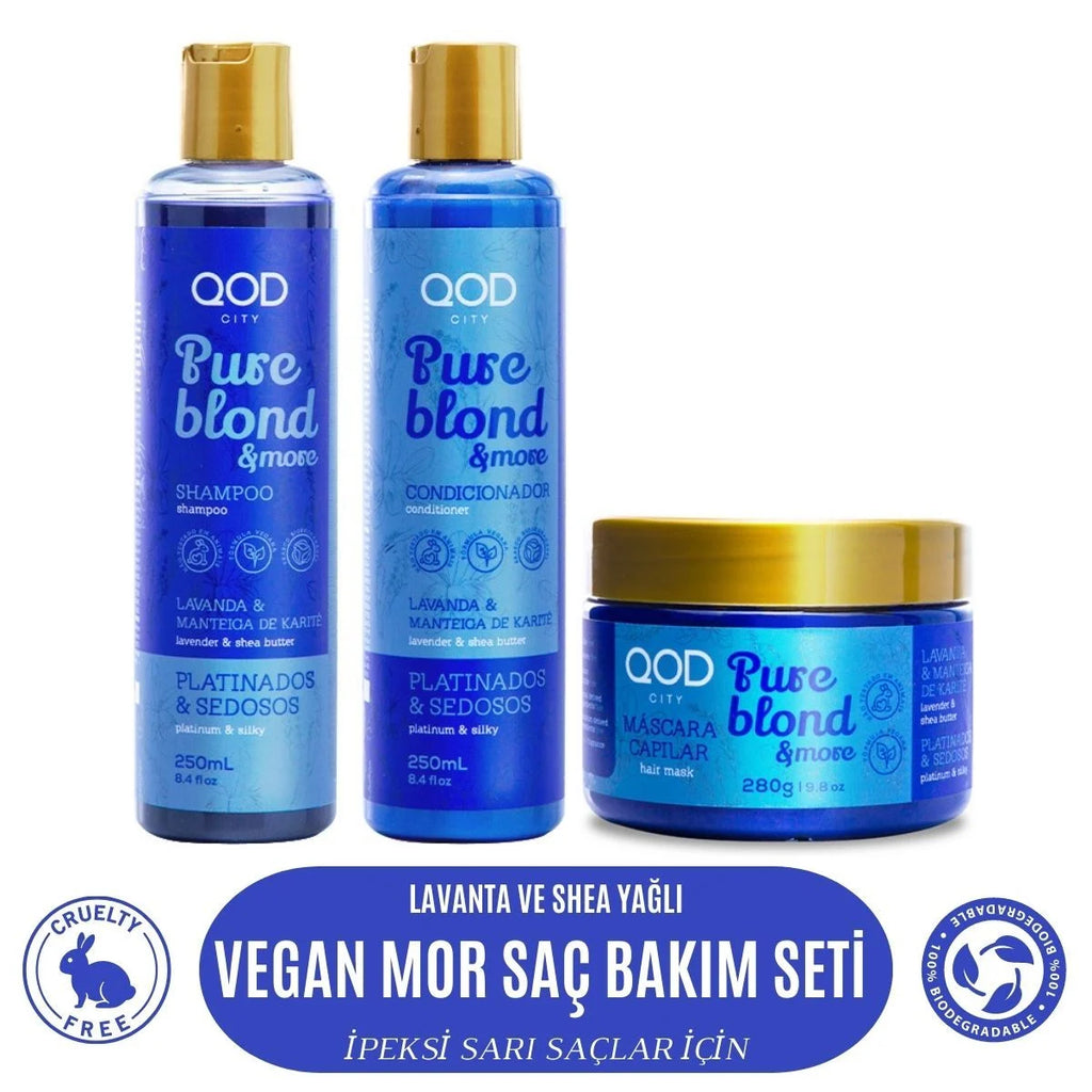 Mor Vegan Turunculaşma Karşıtı Saç Bakım Seti QOD City Pure Blond & More | Mor Pigmentli Şampuan + Saç Kremi + Maske | Sülfatsız, Parabensiz, Vegan Bakım