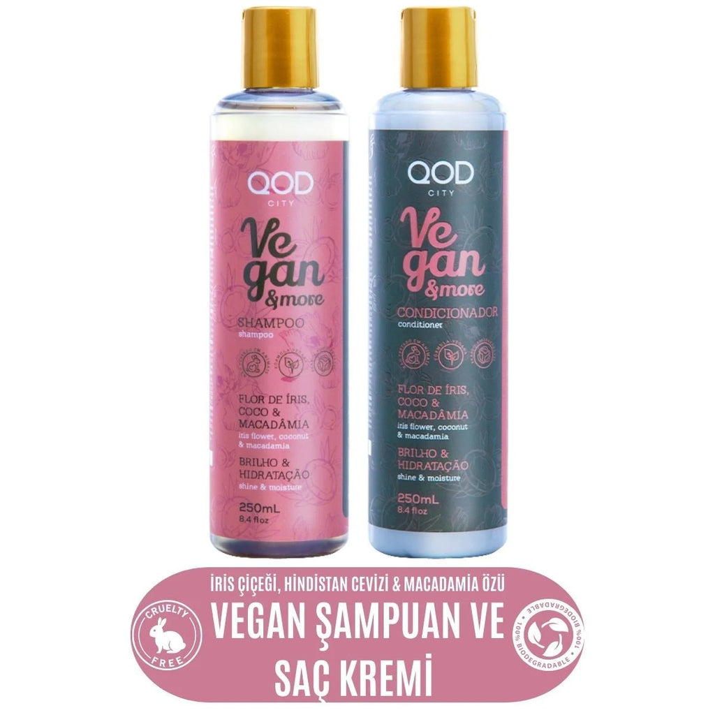 Vegan City Vegan & More Şampuan & Saç Kremi Seti 250 ml – İris Çiçeği, Hindistan Cevizi, Macadamia | Vegan, Sülfatsız, Parabensiz, Çevre Dostu Bakım