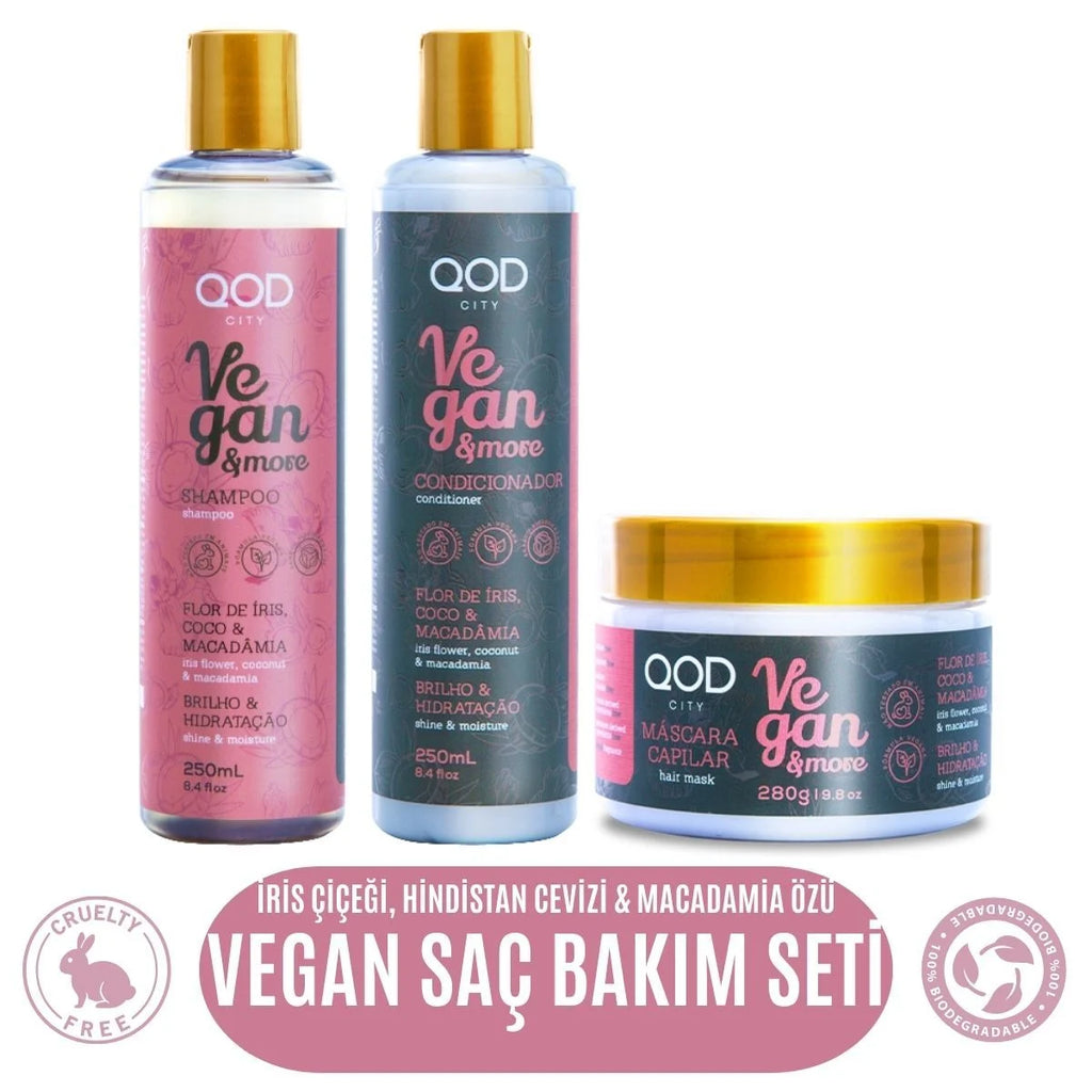 Vegan Saç Bakım Seti QOD City Vegan & More – Şampuan + Saç Kremi + Saç Maskesi | İris Çiçeği, Hindistan Cevizi, Macadamia | Sülfatsız, Parabensiz, Doğal Bakım