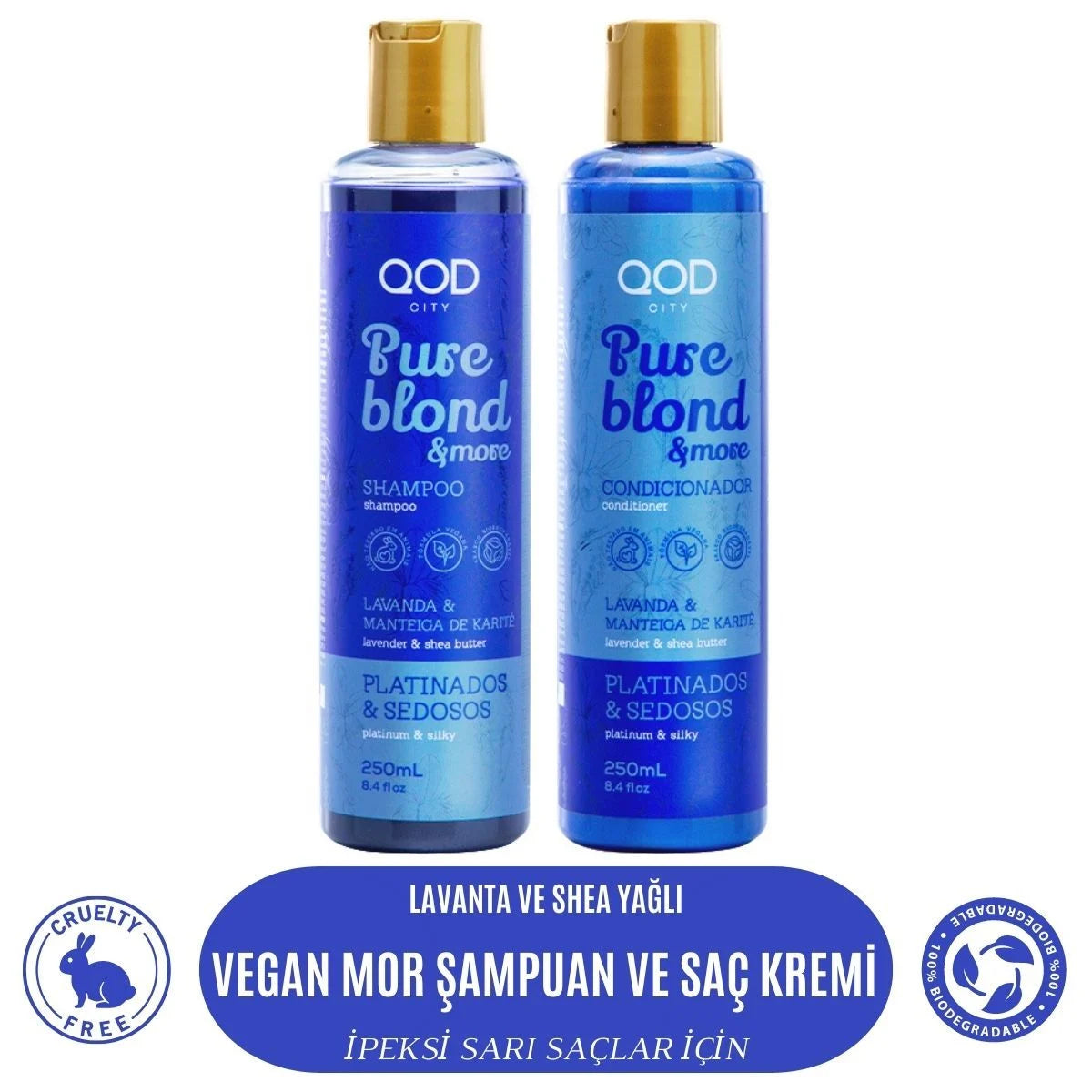 Mor Vegan Şampuan & Saç Kremi Seti QOD City Pure Blond & More | Mor Pigmentli | Lavanta & Karite Yağı | Sülfatsız, Parabensiz, Vegan Saç Bakımı