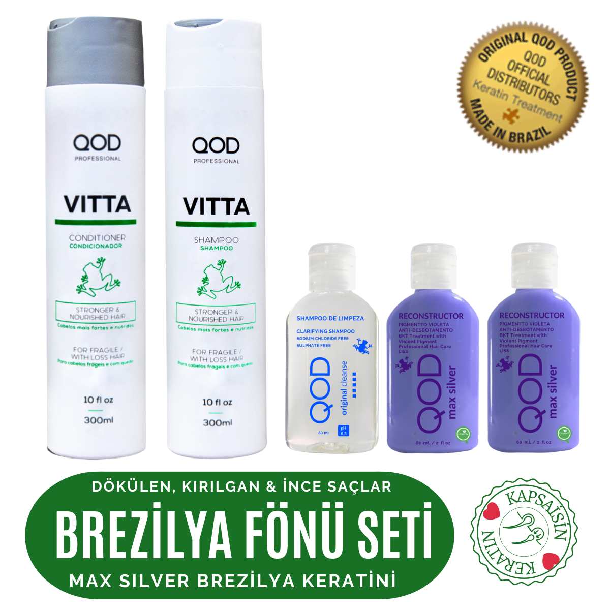 QOD Max Silver Brezilya Fönü Keratini Uygulama Kiti (Uzun Saç) + Dökülme Karşıtı Şampuan & Saç Kremi 300 ml