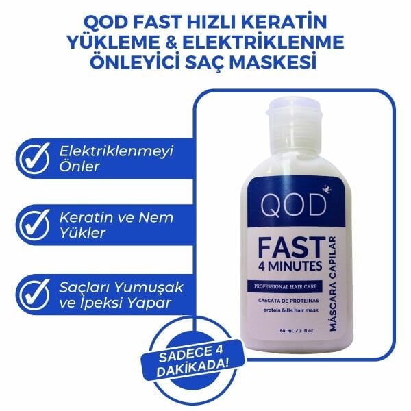 QOD Fast Elektriklenme Önleyici & Hızlı Keratin Yükleme Saç Maskesi ve Arındırıcı Şampuan Seti 60mL - Sadece 4 Dakikada Keratin Bakım / Nem & Yumuşaklık Veren Hızlı  Keratin  Terapi