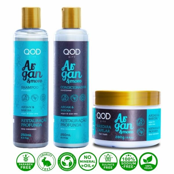 Vegan Argan Yağlı ve Aloe Veralı Şampuan + Saç Kremi + Saç Maskesi QOD City Argan & More Vegan Şampuan 250 mL + Saç Kremi 250 mL + Saç Maskesi 280gr